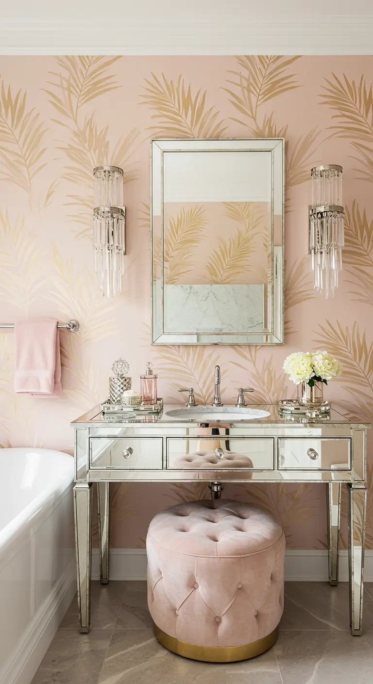 Baño femenino con papel pintado de palmeras doradas sobre fondo rosa y un tocador de espejo.