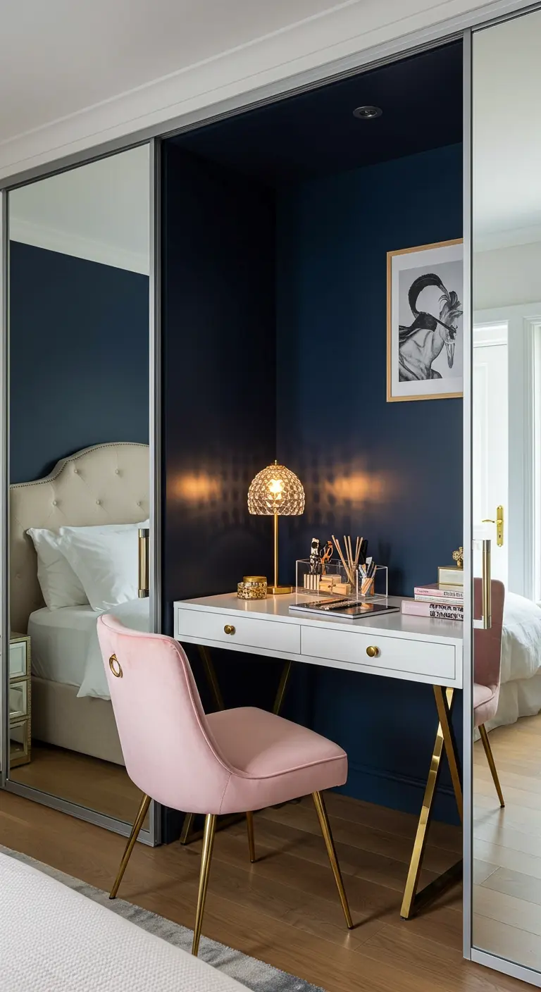 Oficina elegante en un armario con espejos, paredes azul marino y silla de terciopelo rosa.