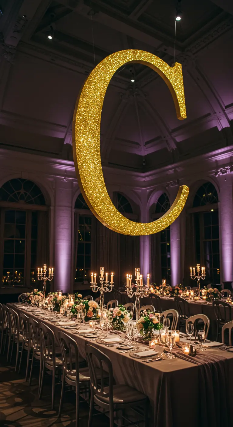 Letra 'C' gigante dorada con purpurina colgada sobre una larga mesa de banquete.