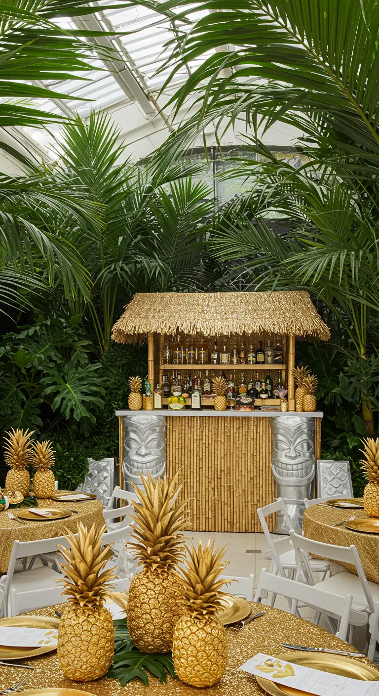 Fiesta de temática tropical con una barra de bambú y piñas doradas como centros de mesa.