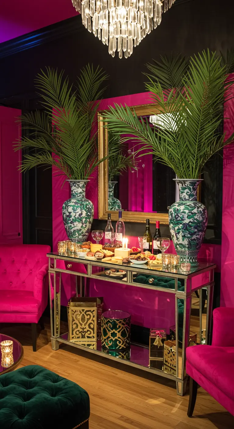Consola de espejo con quesos y vino en una sala fucsia con detalles en esmeralda.