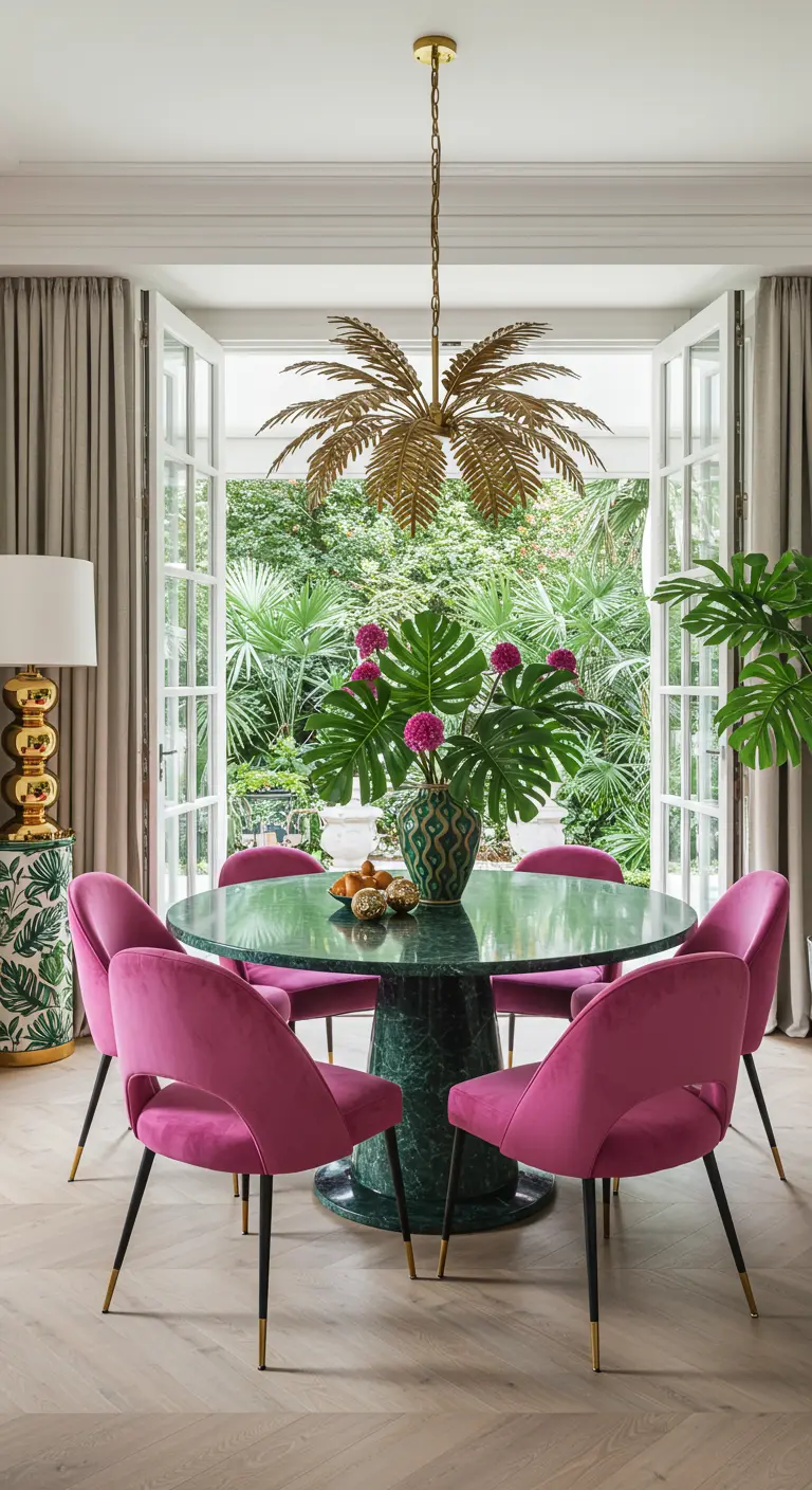 Comedor tropical glam con sillas de terciopelo fucsia, mesa de mármol verde y lámpara de palmera