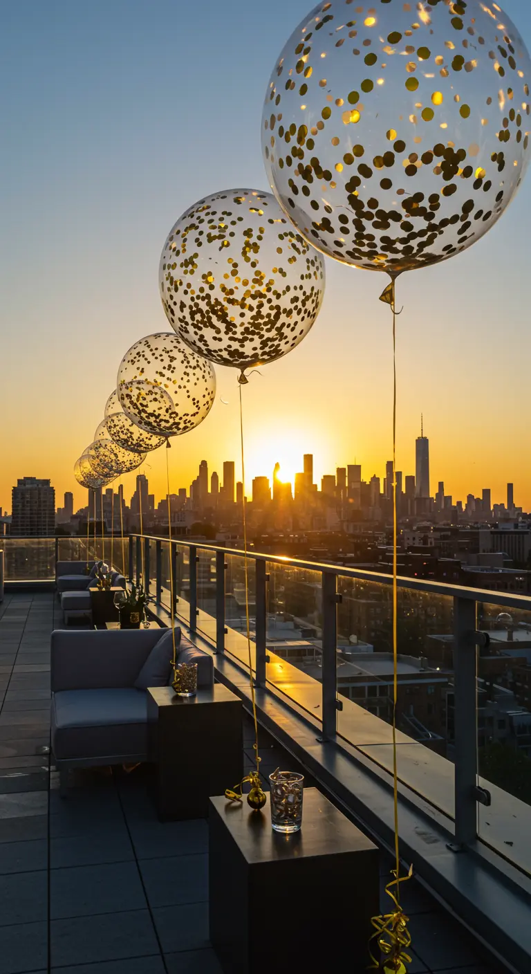 Fila de globos con confeti dorado en una terraza con vistas al atardecer en la ciudad.