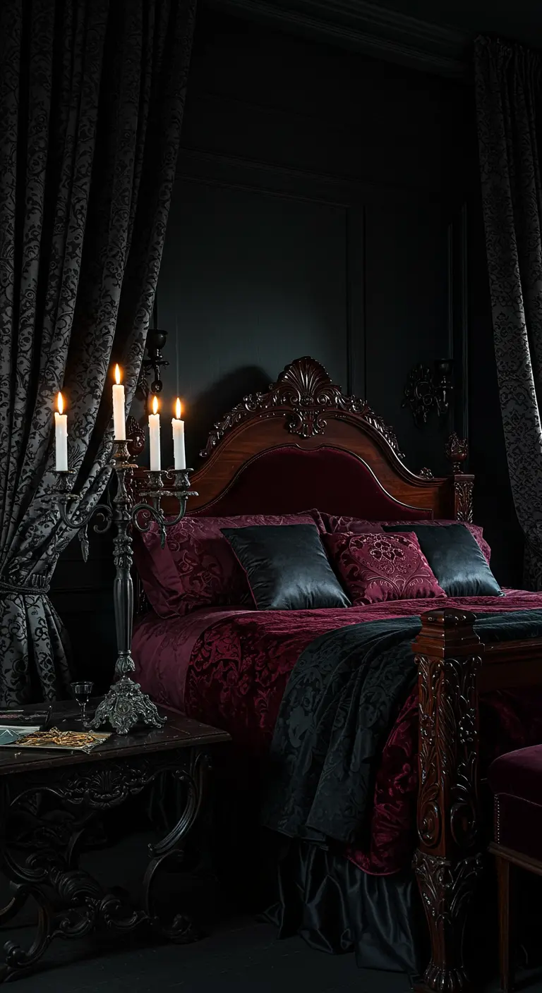 Dormitorio gótico con cama de madera tallada, ropa de cama de satén burdeos y un candelabro con velas