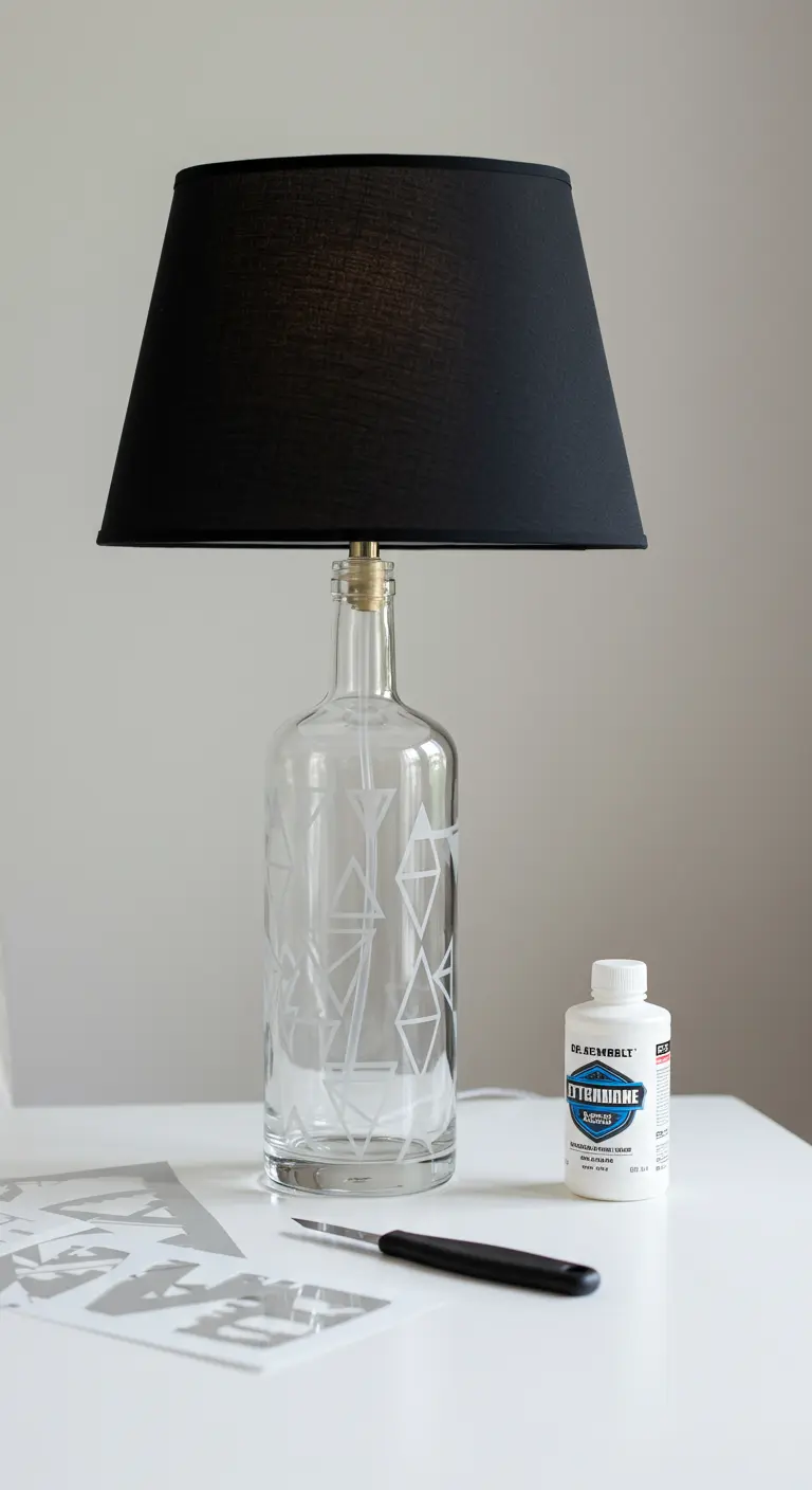 Lámpara DIY con botella de vidrio grabada con patrones geométricos y una pantalla negra.