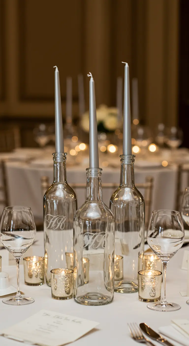 Centro de mesa elegante con botellas de vidrio grabadas con iniciales y velas plateadas.