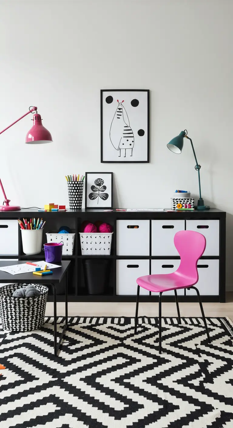 Rincón de arte moderno en blanco y negro con una alfombra de chevron y acentos en color fucsia.