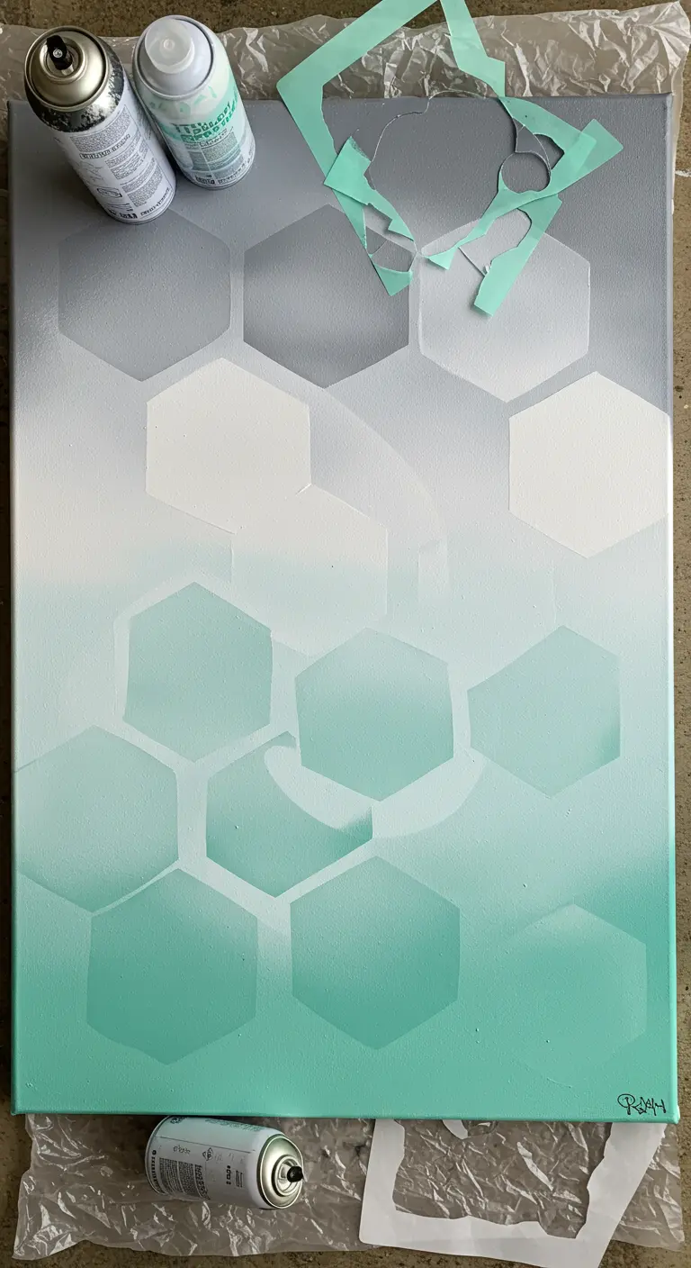 Lienzo con un fondo degradado en gris y menta, con un patrón de hexágonos hecho con plantillas y espray.