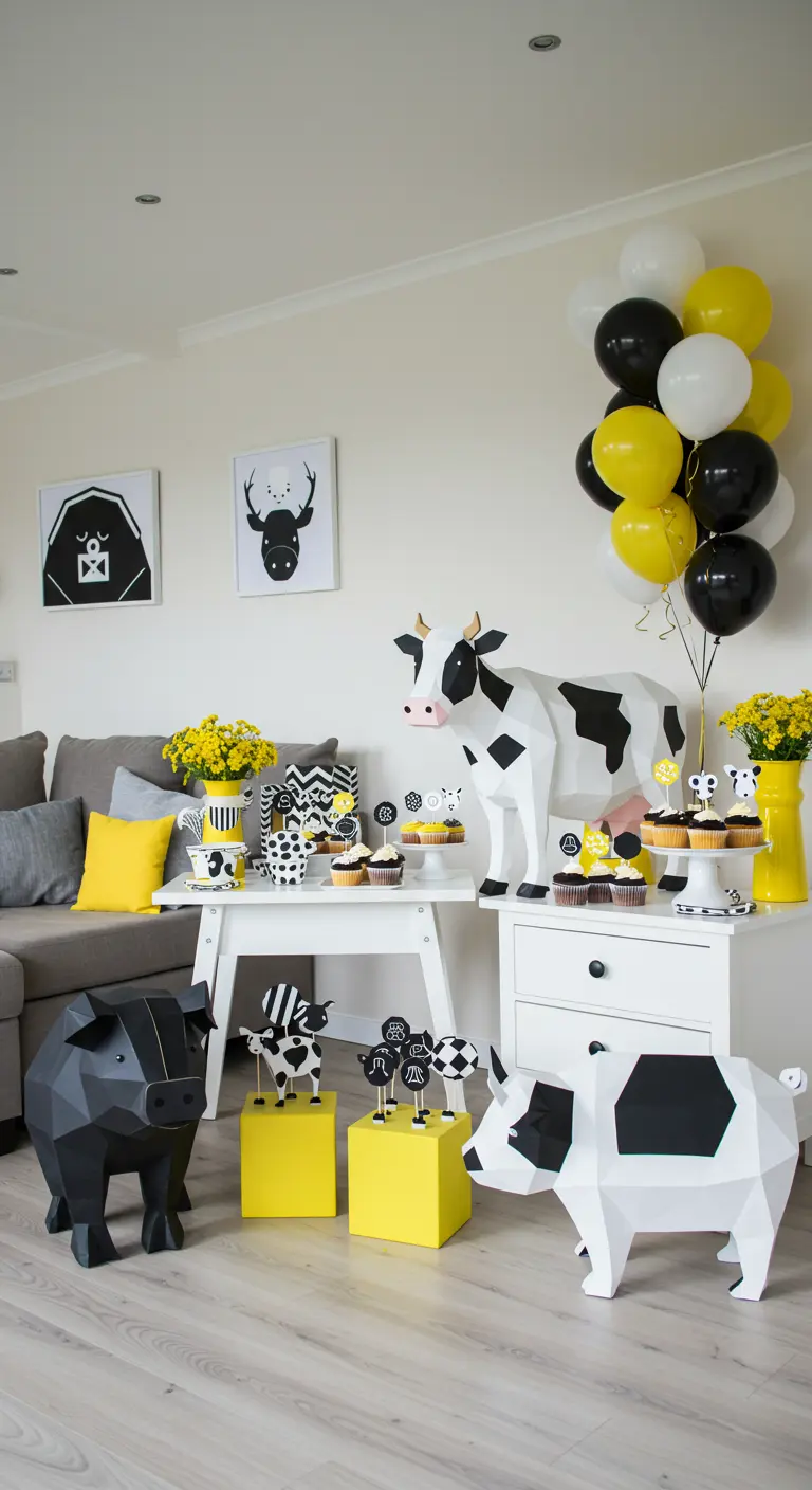 Moderna fiesta de cumpleaños de granja con animales de cartón geométricos en blanco, negro y amarillo.