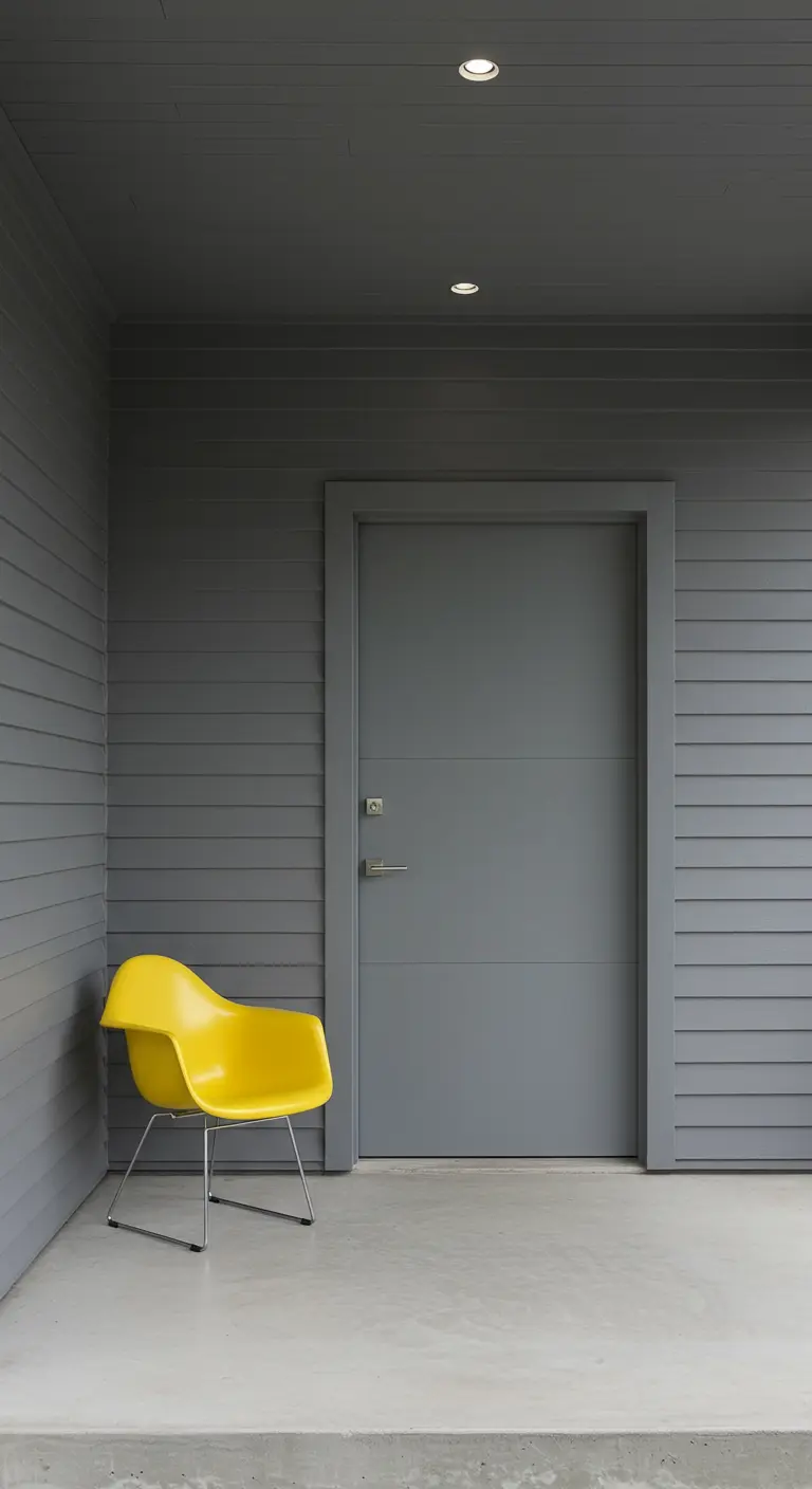 Porche totalmente gris con una única silla de diseño en color amarillo vivo como punto focal