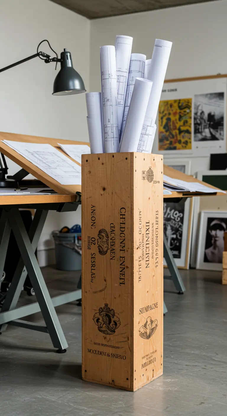 Caja de champán alta de madera usada para guardar planos enrollados.