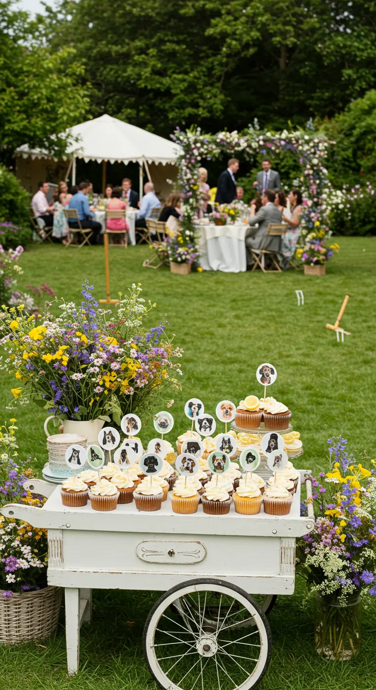 Carrito blanco con cupcakes decorados con fotos de perros en una fiesta en el jardín.