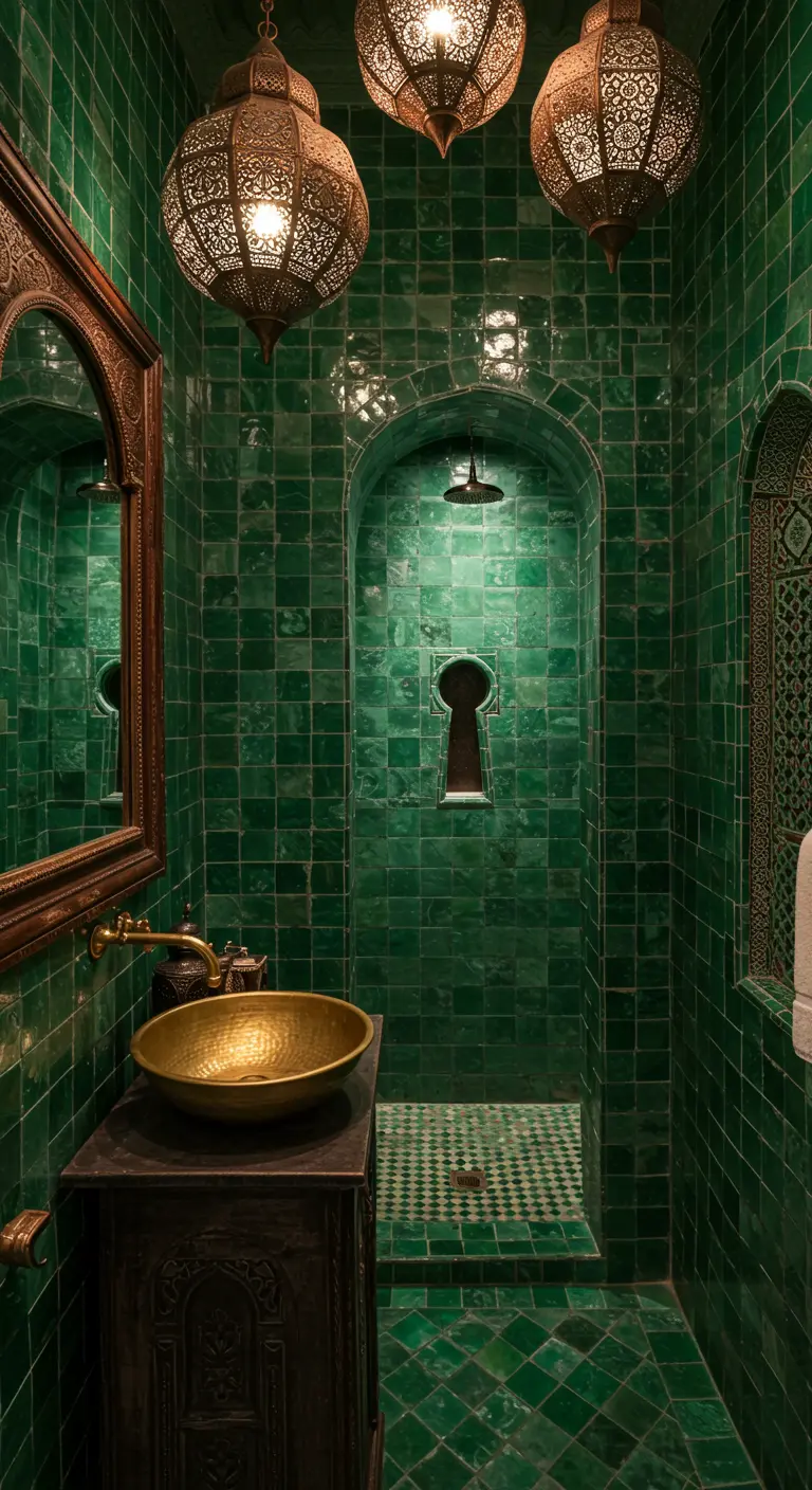 Baño de estilo marroquí con azulejos zellige verdes y faroles de latón.