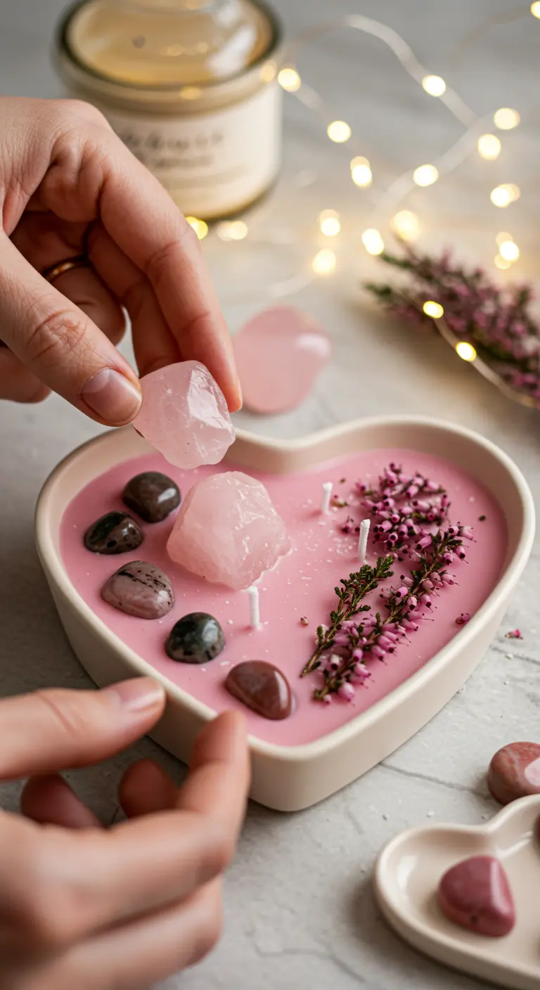 Manos colocando cristales de cuarzo rosa en una vela rosa con forma de corazón.