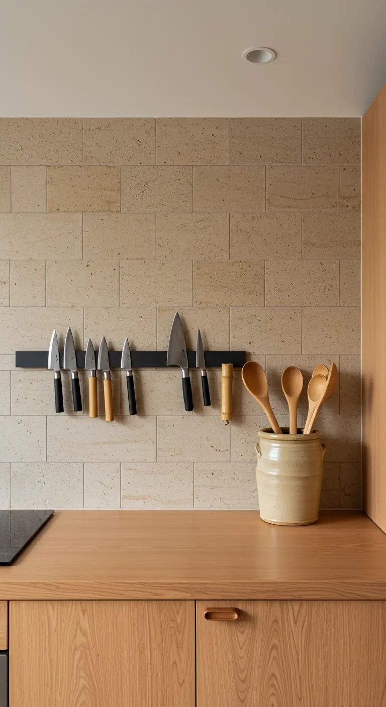 Detalle de una cocina con encimera de madera, pared de piedra y una barra magnética para cuchillos.