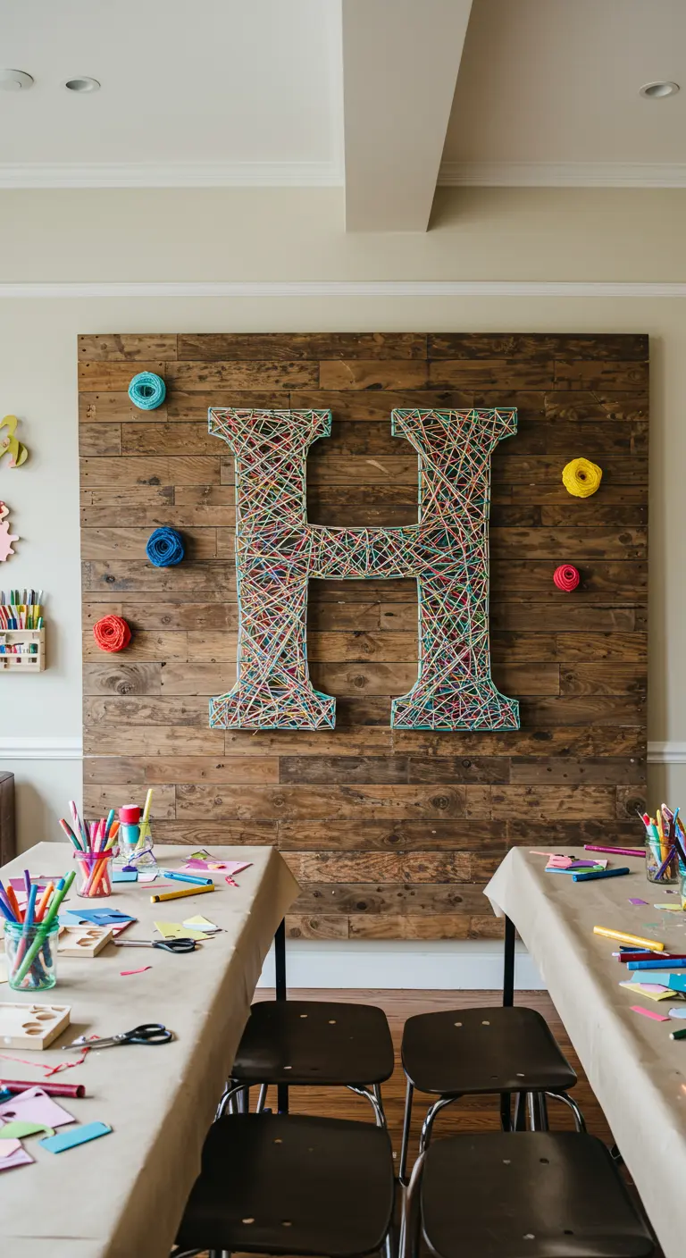 Letra 'H' gigante hecha con arte de hilos de colores sobre un panel de madera.