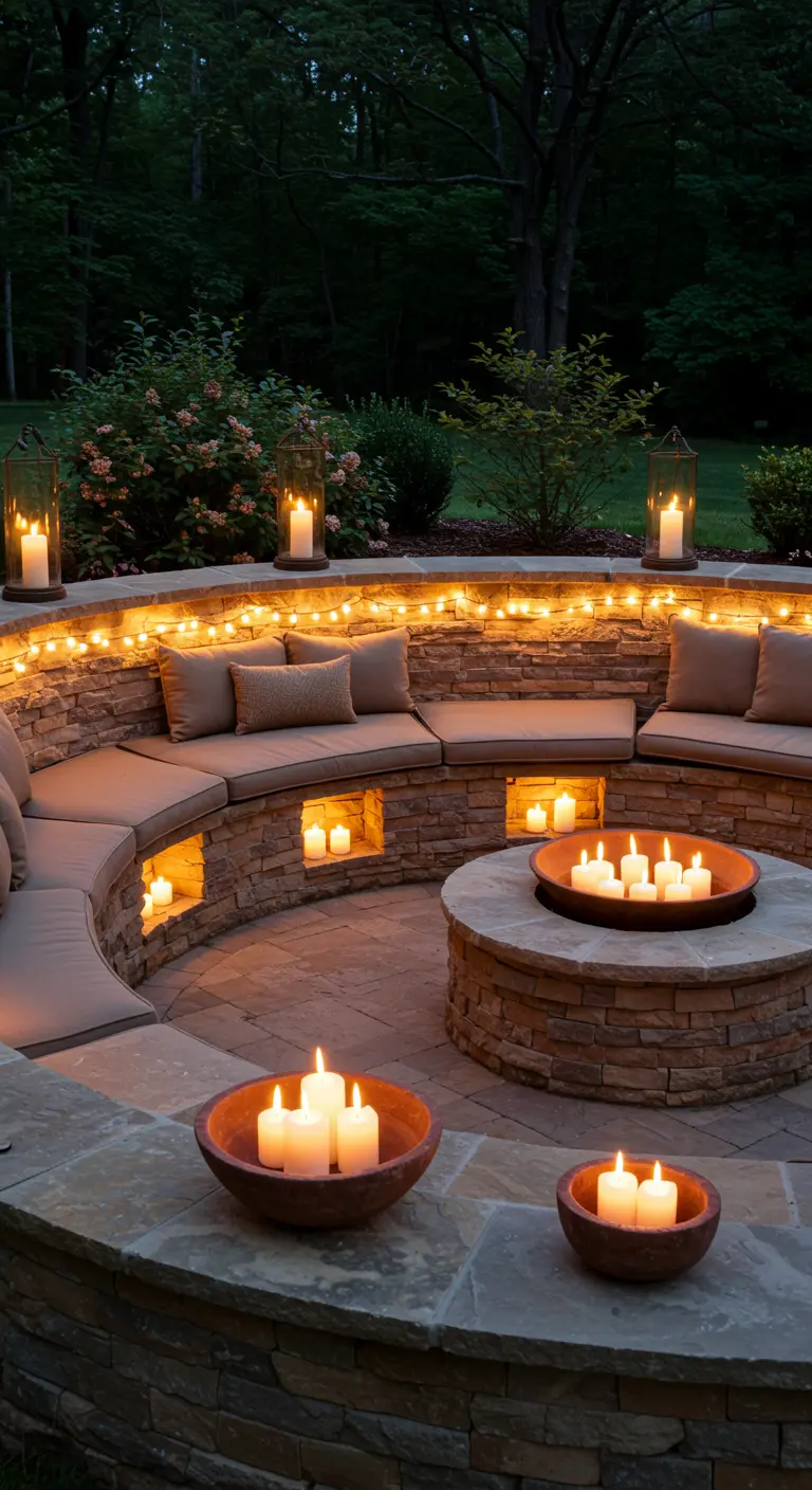 Zona de hoguera circular de piedra con bancos integrados, iluminada con tiras LED y velas.