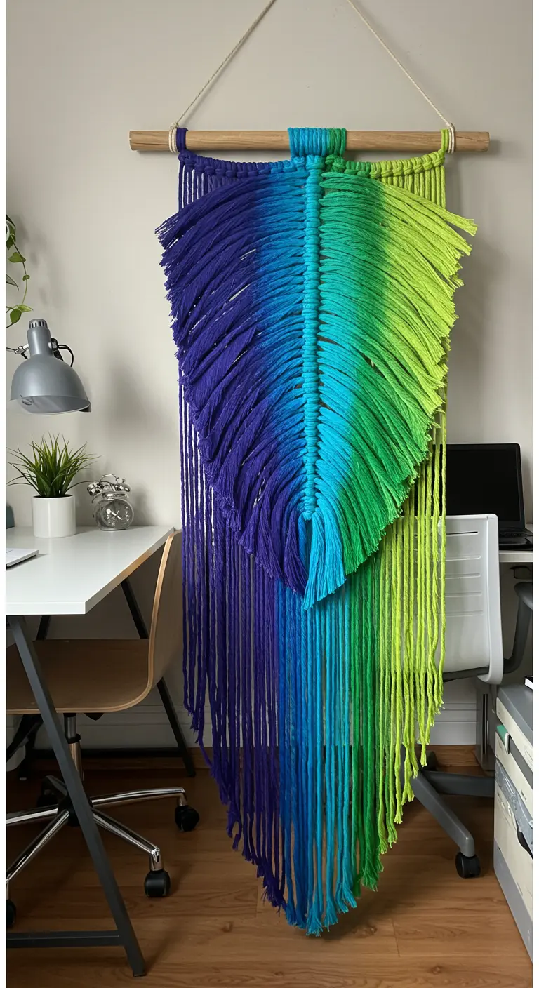 Tapiz de macramé gigante en forma de hoja con un degradado de azul a verde y lima.
