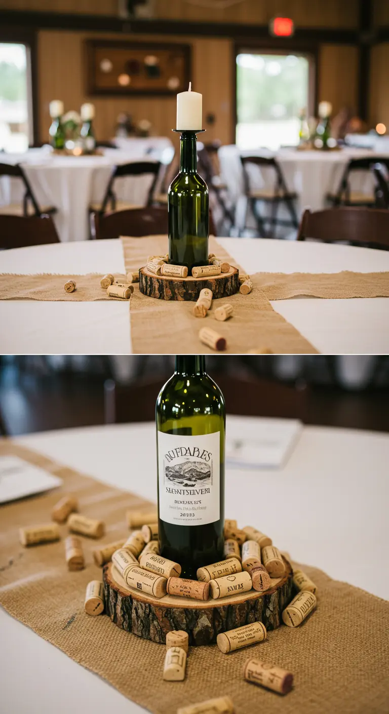 Centro de mesa de boda con una botella de vino sobre una rodaja de madera, rodeada de corchos.
