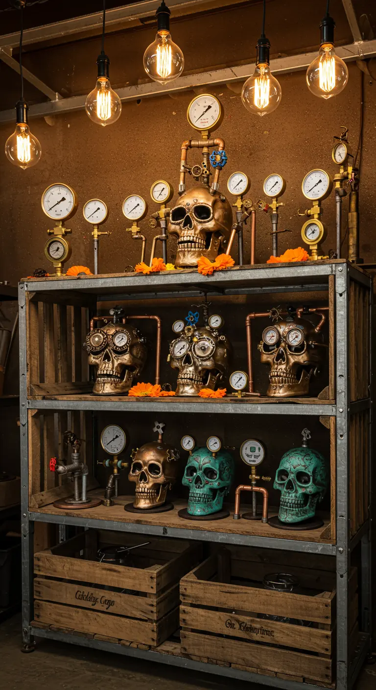 Calaveras decoradas al estilo steampunk con engranajes y tuberías de cobre.