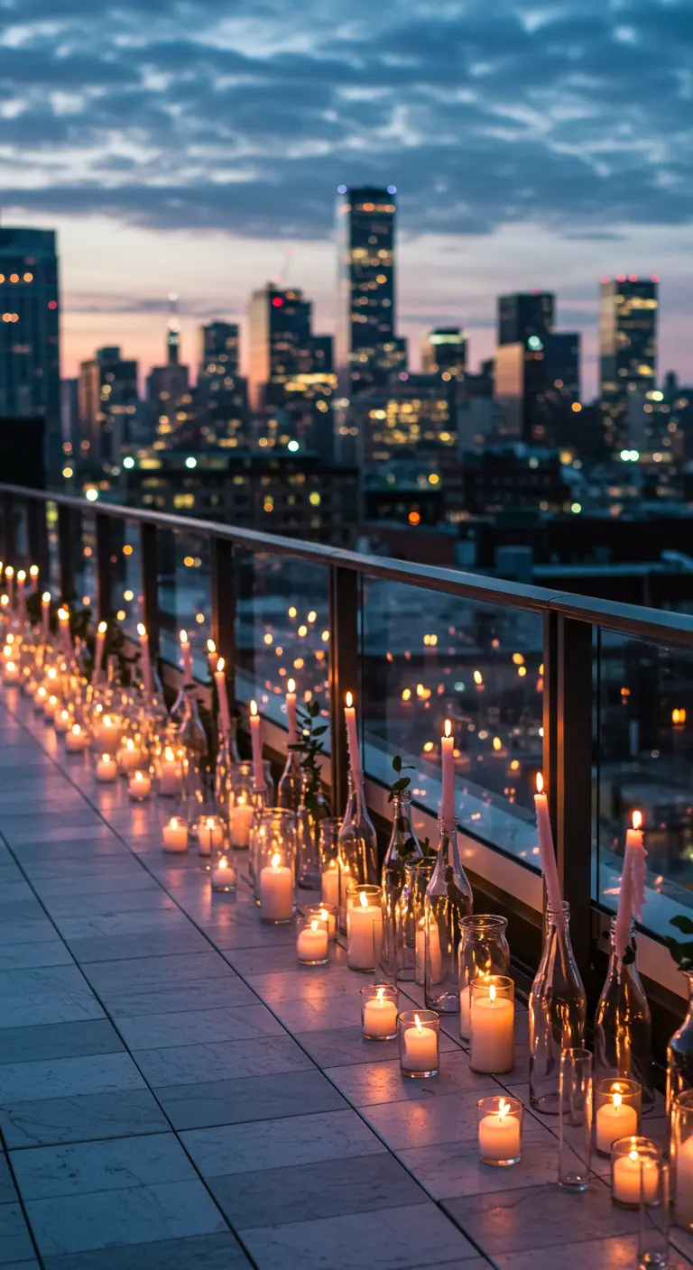 Terraza de un rascacielos con una larga fila de botellas y frascos de vidrio con velas.