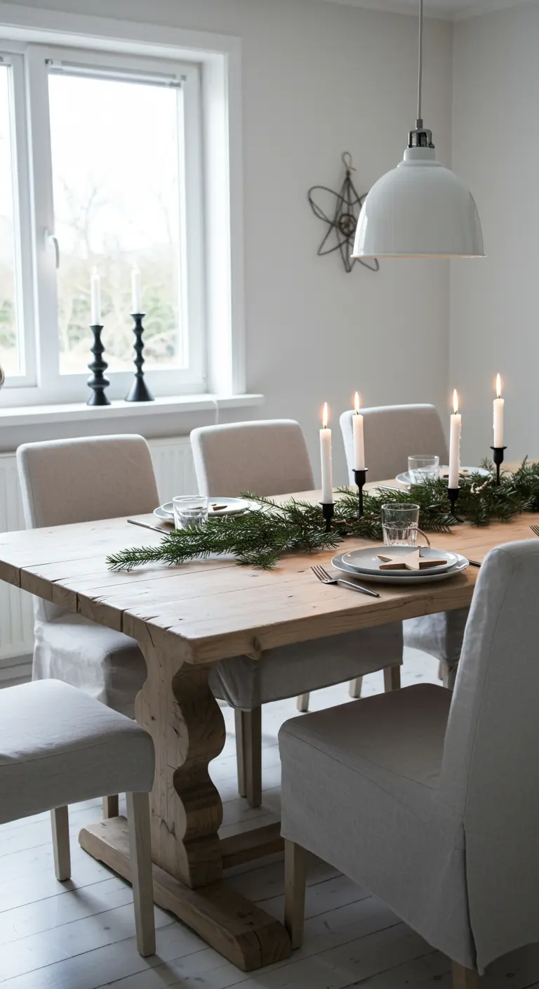 Comedor escandinavo con mesa de madera, velas y sillas de lino gris claro.