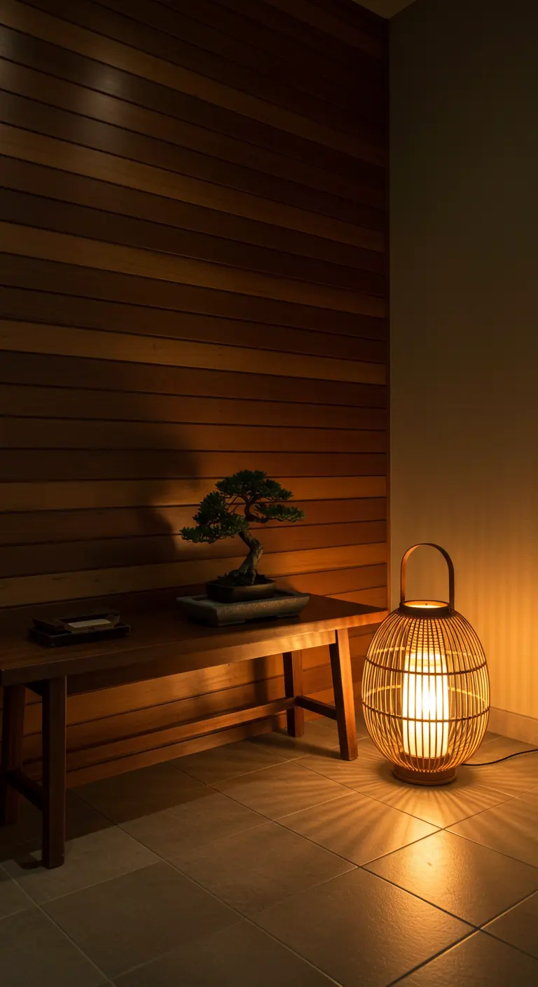 Rincón de entrada estilo Japandi con pared de madera, banco, bonsái y lámpara de suelo