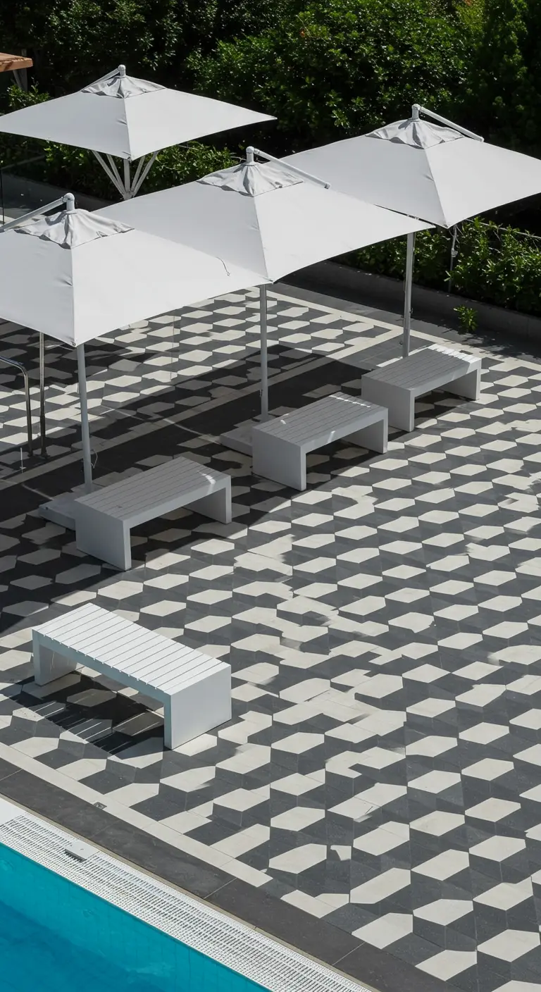 Suelo de piscina con un patrón geométrico de cubos en 3D en blanco, gris y negro.