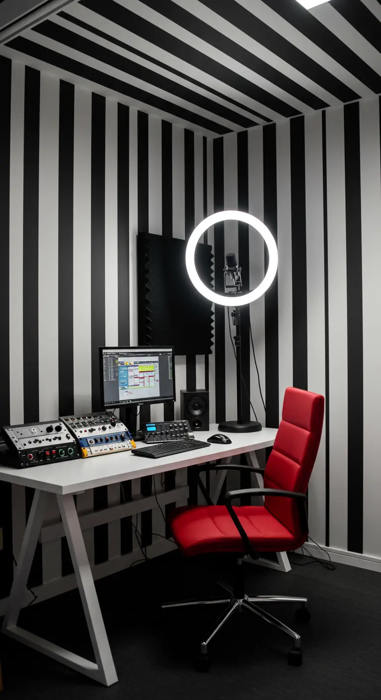 Estudio de grabación con paredes de rayas blancas y negras, y una silla roja.