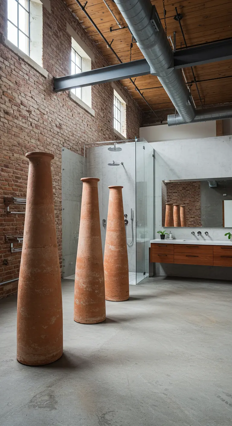 Baño tipo loft industrial con tres enormes jarrones de terracota en forma de chimenea como decoración.