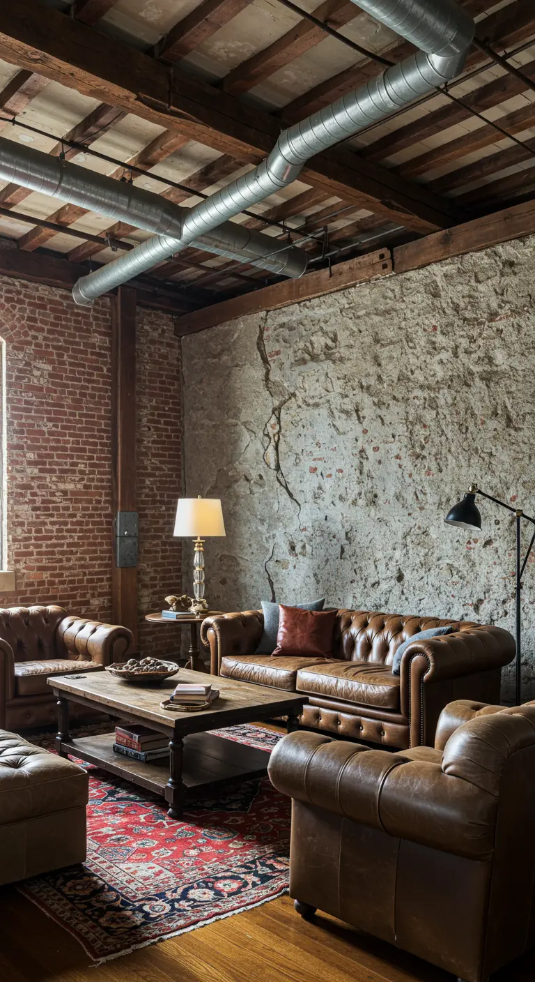 Salón de estilo industrial con paredes de piedra y ladrillo, conductos a la vista y sofás Chesterfield.