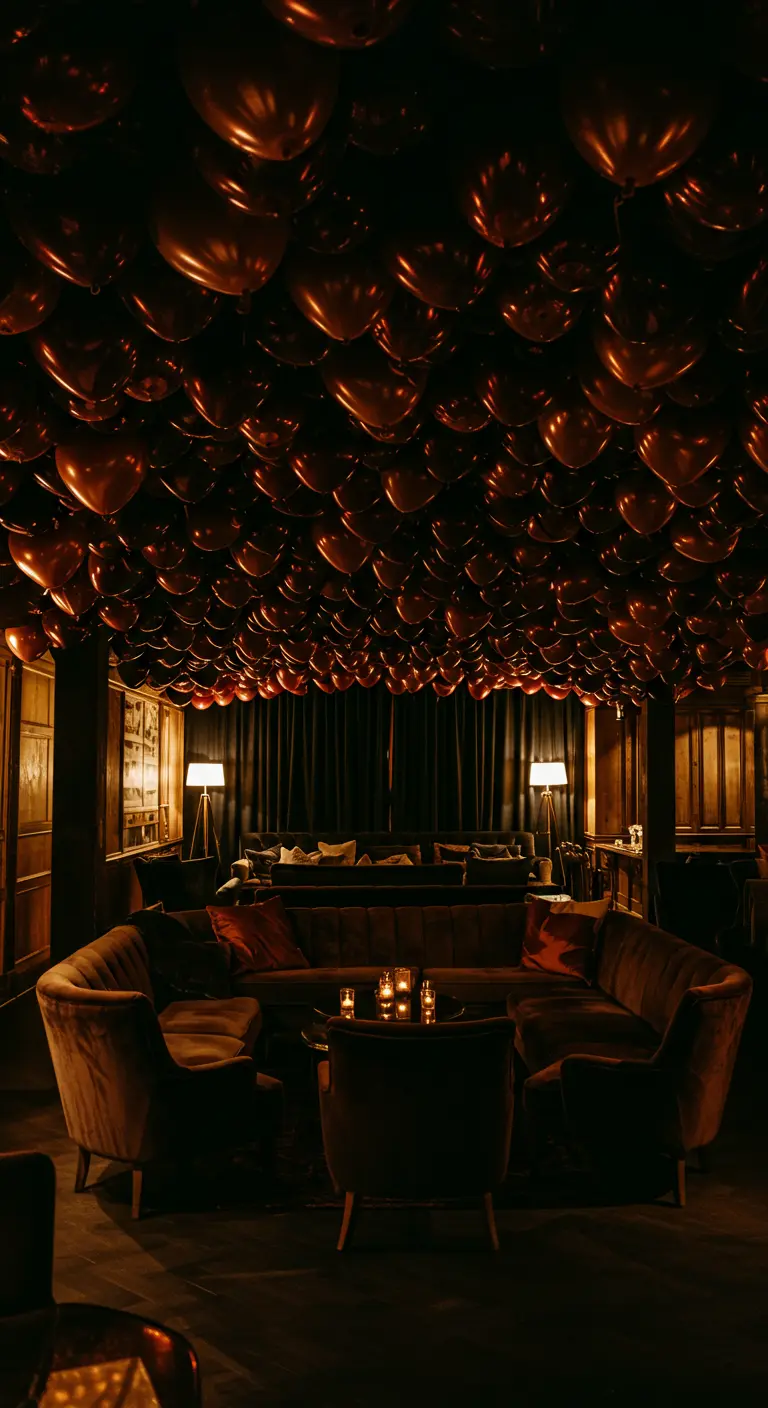 Sala de estar con luz tenue y el techo completamente cubierto de globos de corazón rojos.