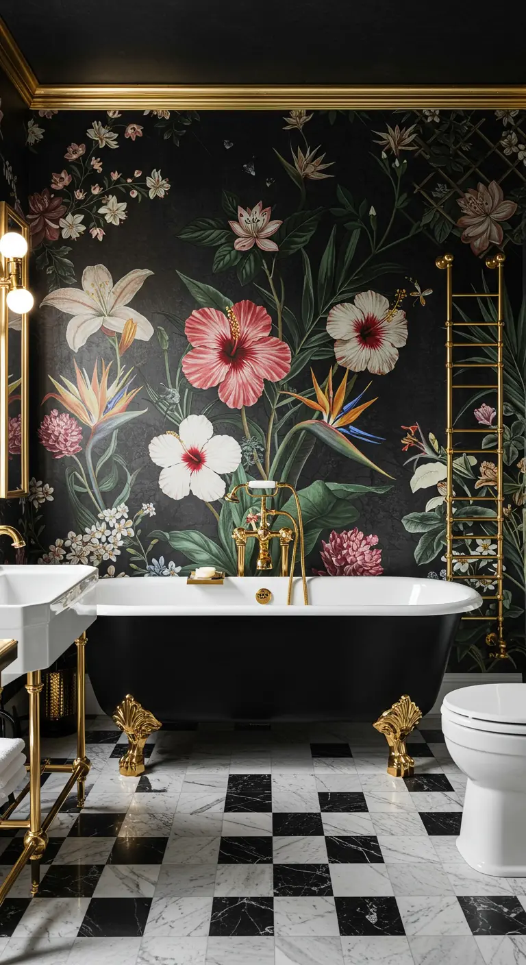 Baño lujoso con papel tapiz de flores tropicales sobre fondo negro y bañera con patas doradas.