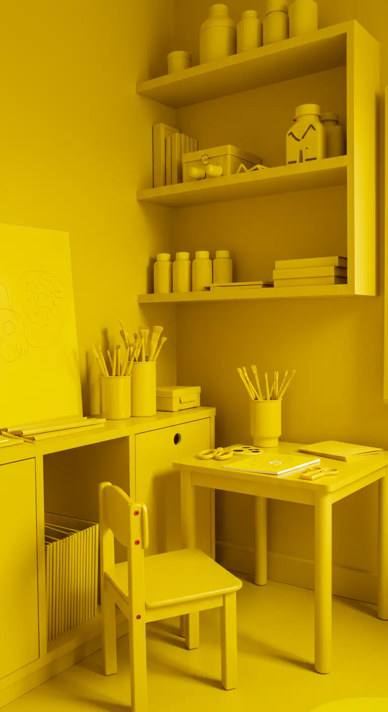 Rincón de arte infantil completamente decorado en diferentes tonos de amarillo vibrante.