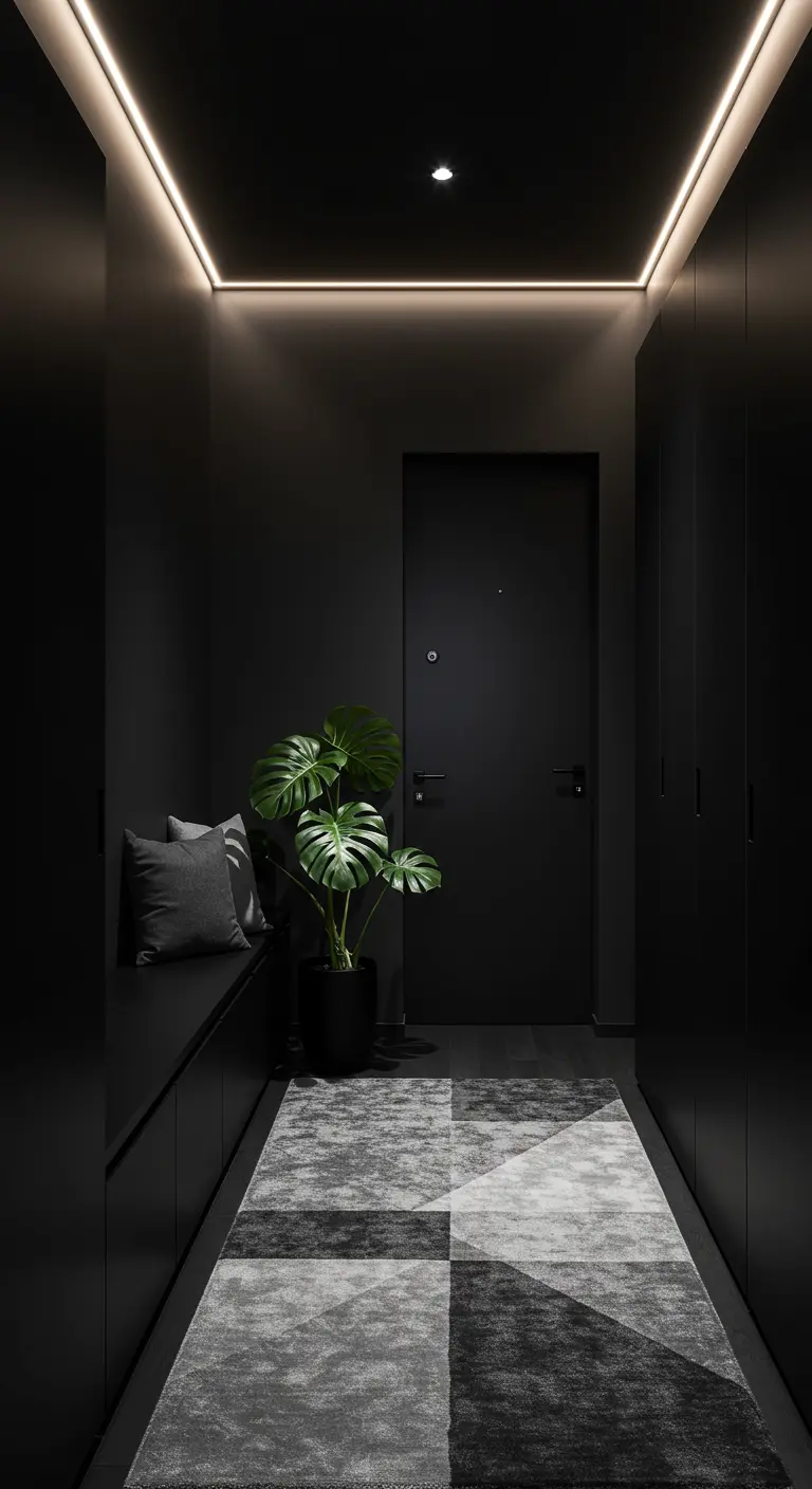 Entrada totalmente negra con iluminación LED indirecta en el techo y una planta Monstera.