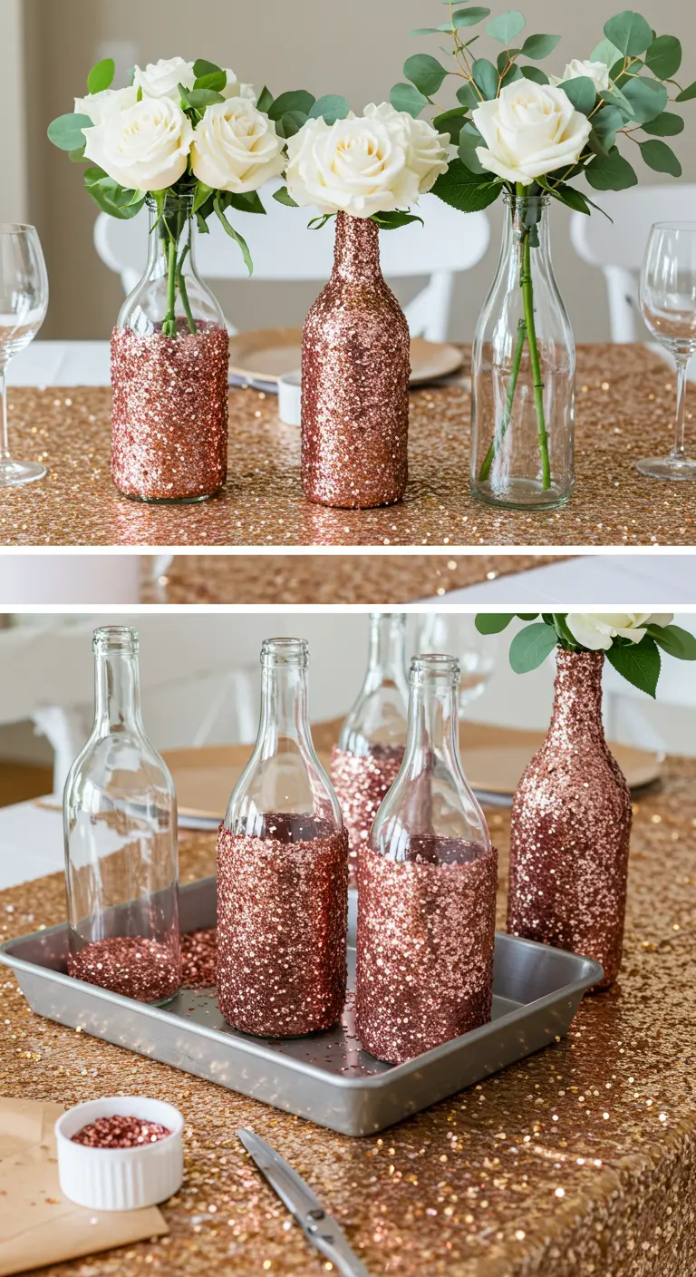 Proceso de creación de floreros con botellas de vino cubiertas de purpurina rosa dorada.