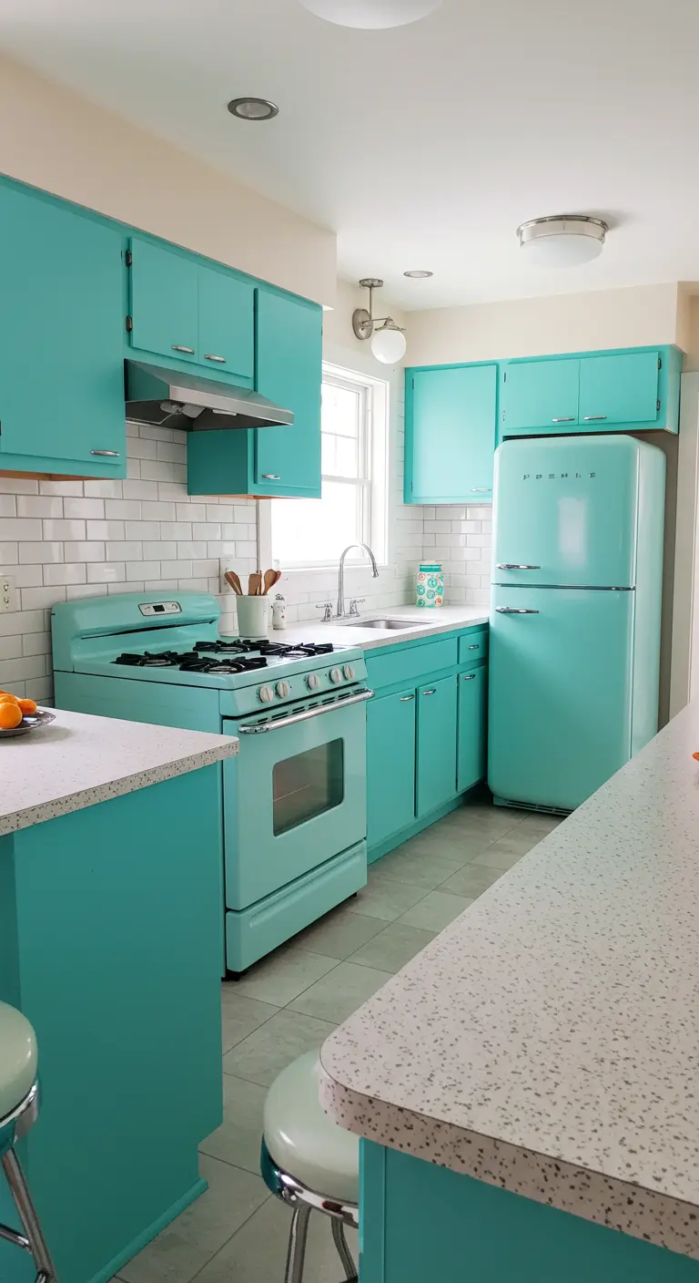 Cocina retro con electrodomésticos y armarios de color turquesa y encimera de terrazo.