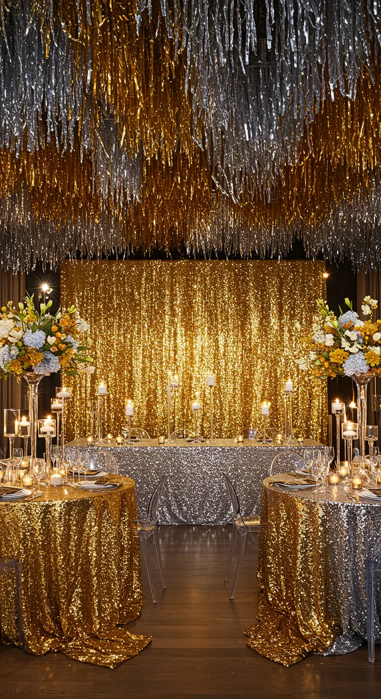Salón de fiestas con el techo cubierto de oropel dorado y plateado y un fondo de lentejuelas.