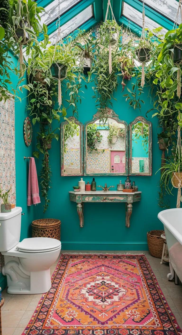 Baño vibrante con paredes turquesa, techo cubierto de plantas colgantes y una alfombra rosa brillante.