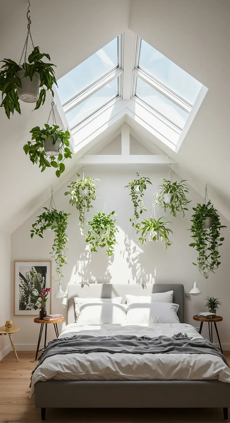 Dormitorio abuhardillado con un tragaluz en el techo del que cuelgan numerosas plantas verdes.