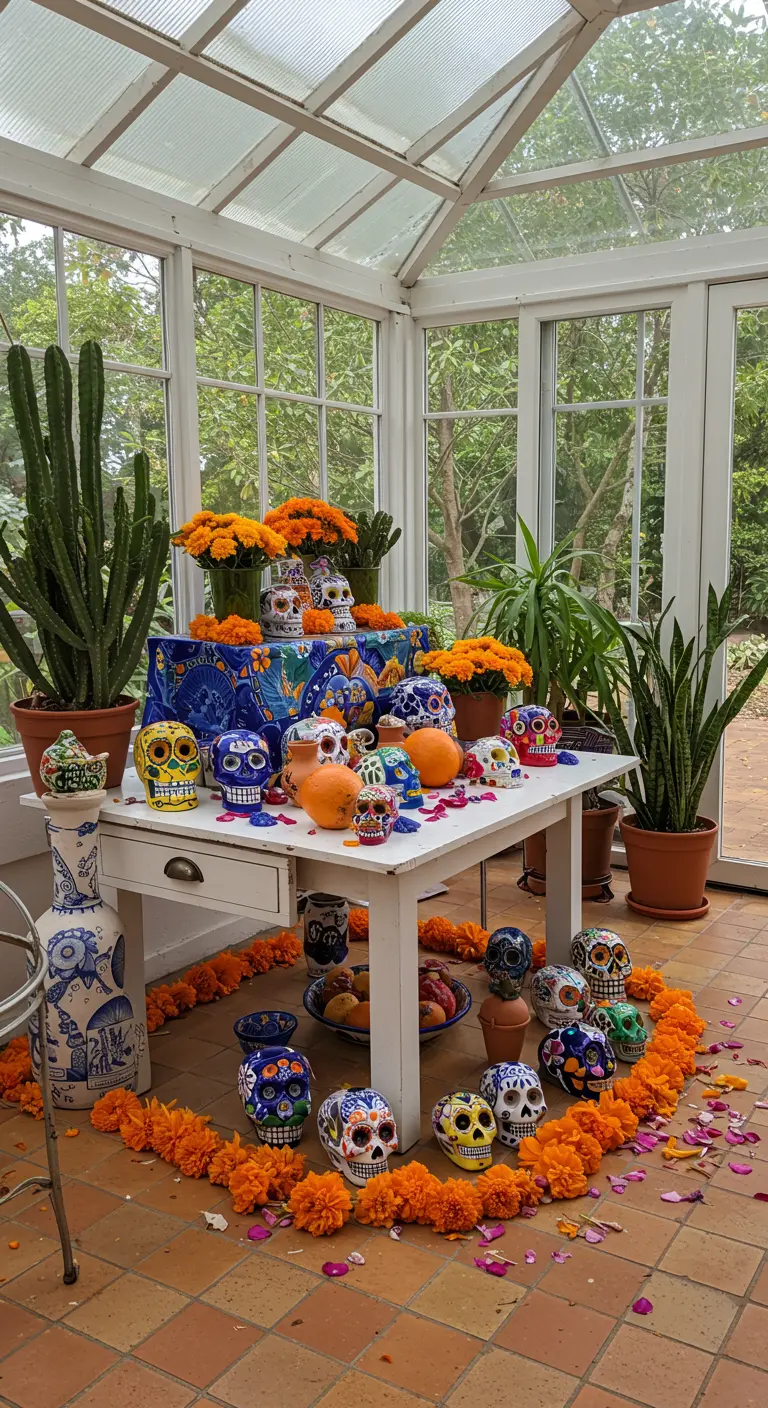 Ofrenda colorida en una mesa blanca dentro de un invernadero luminoso.