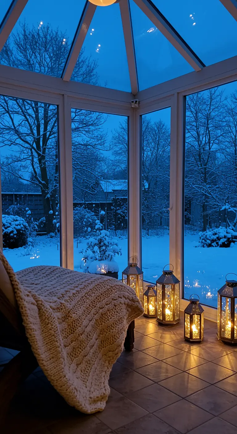 Interior de una galería acristalada con vistas a un jardín nevado, iluminada por faroles y una manta.