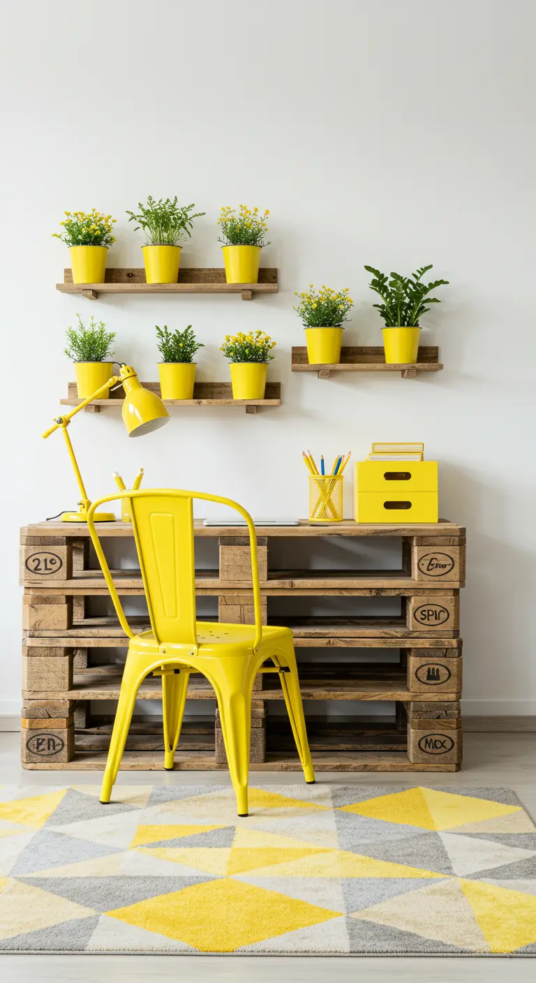 Escritorio de palets con una silla y accesorios de color amarillo brillante en una habitación blanca.