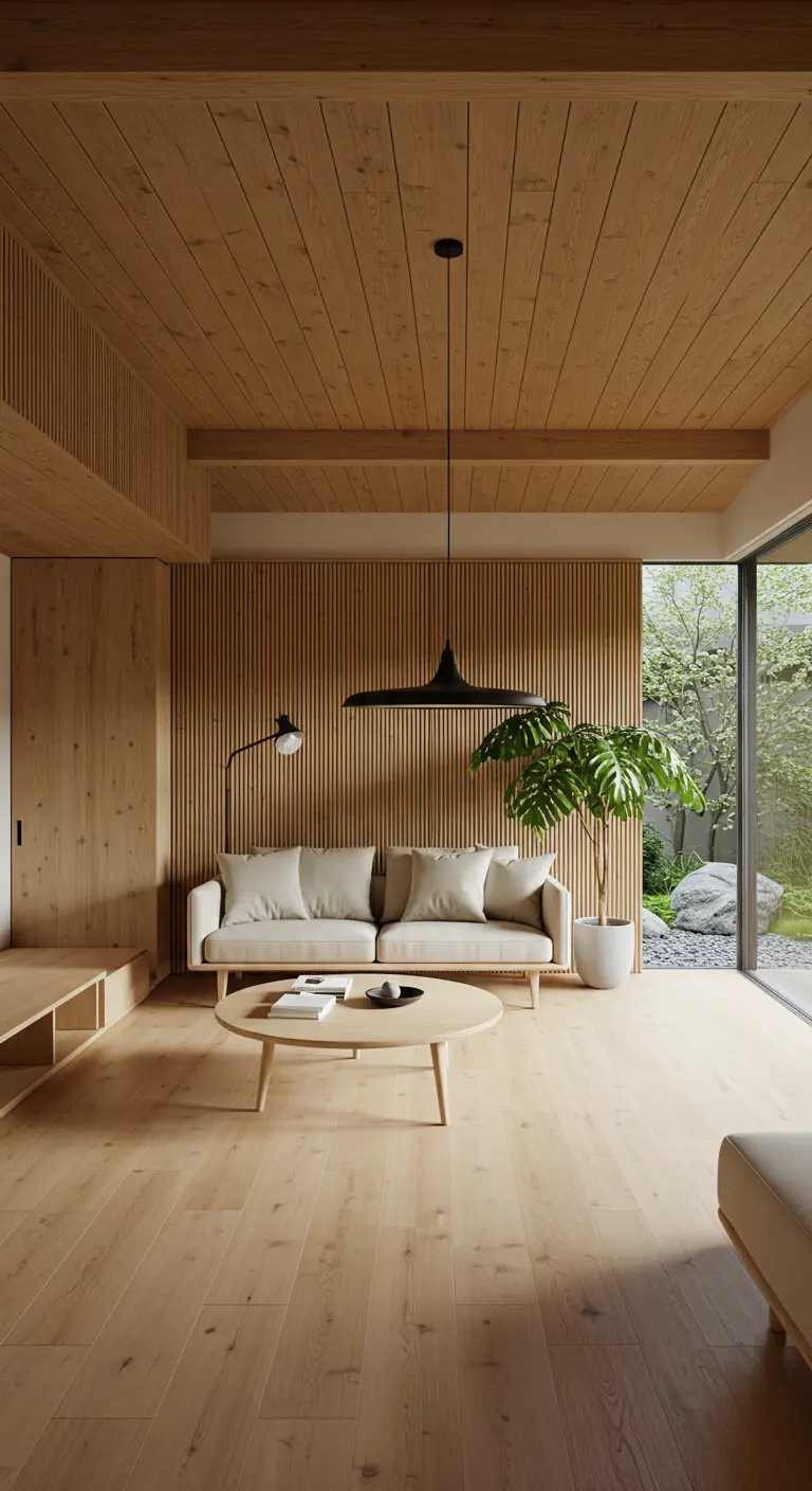 Sala de estar moderna de estilo Japandi con paneles de madera clara y sofá beige.