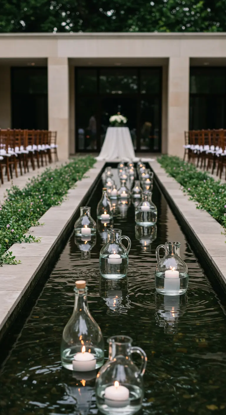 Canal de agua decorativo con jarras de vidrio y velas flotantes en una ceremonia.