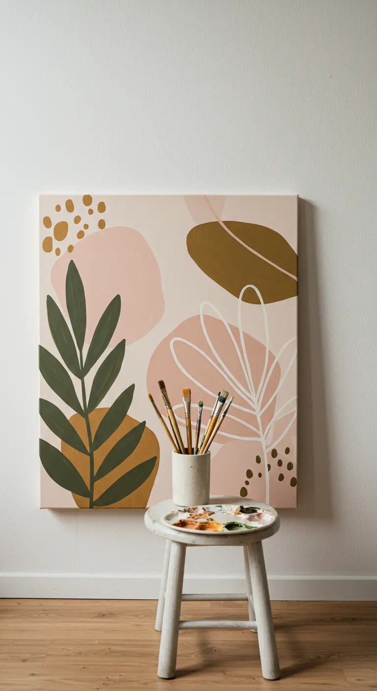 Pintura abstracta de estilo bohemio con formas orgánicas en rosa y ocre, y dibujos de hojas en verde y blanco.