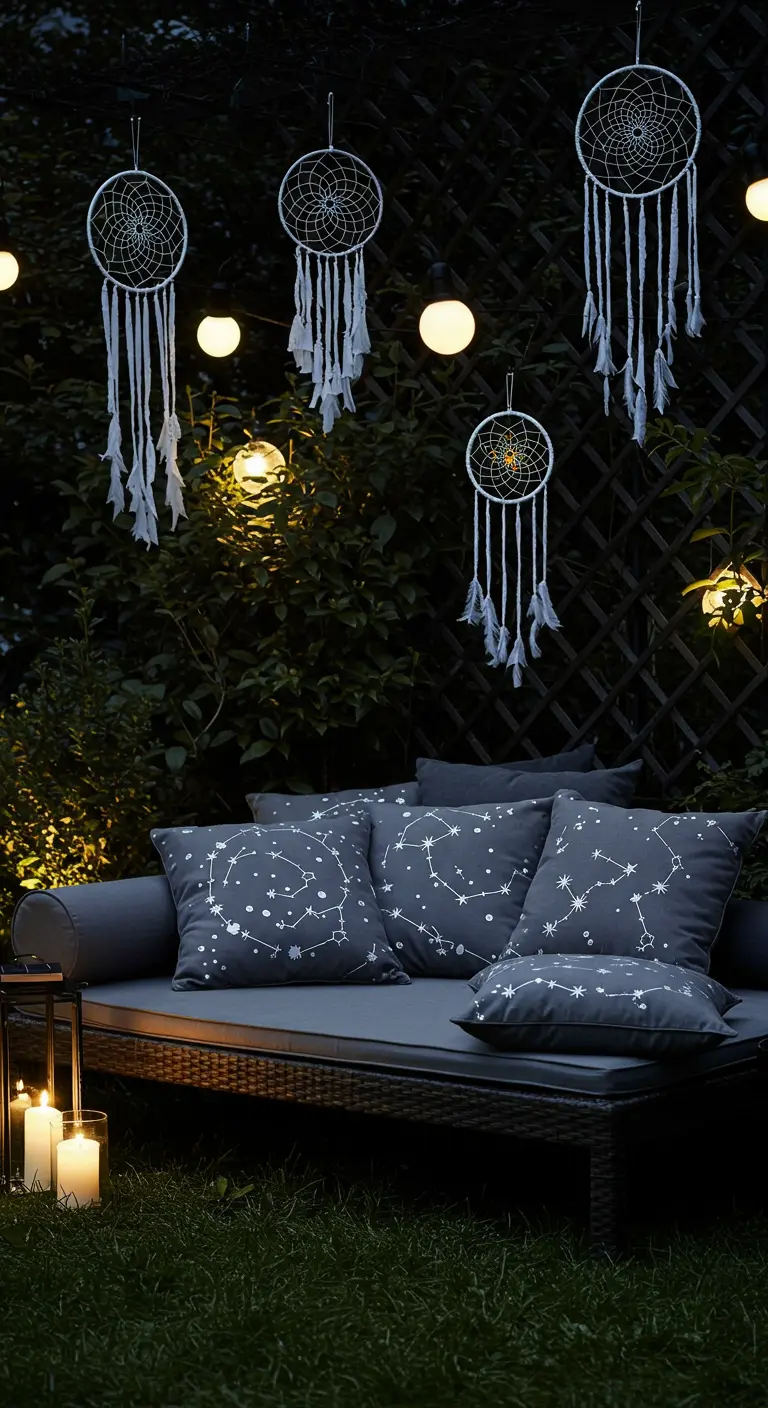 Sofá de jardín de noche con cojines de constelaciones, luces cálidas y atrapasueños blancos.