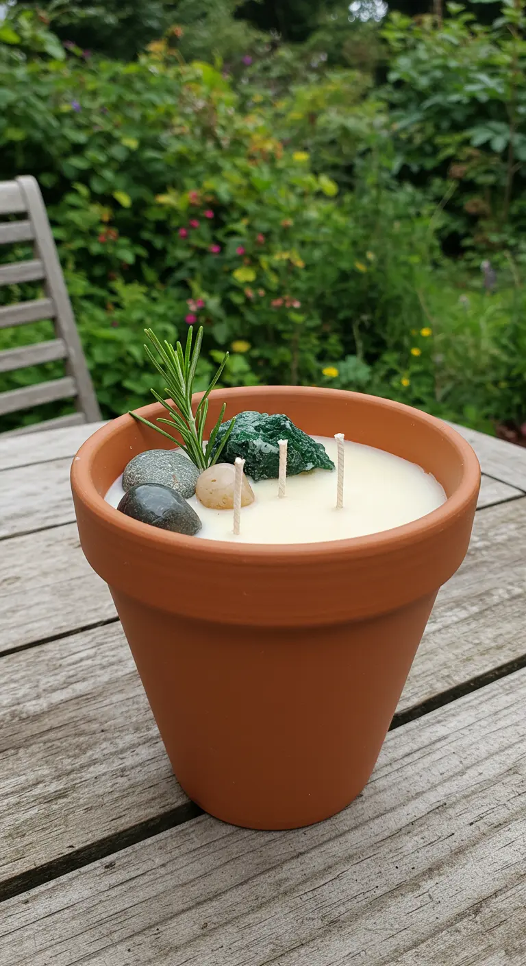 Vela en una maceta de terracota decorada con piedras y una rama de romero.