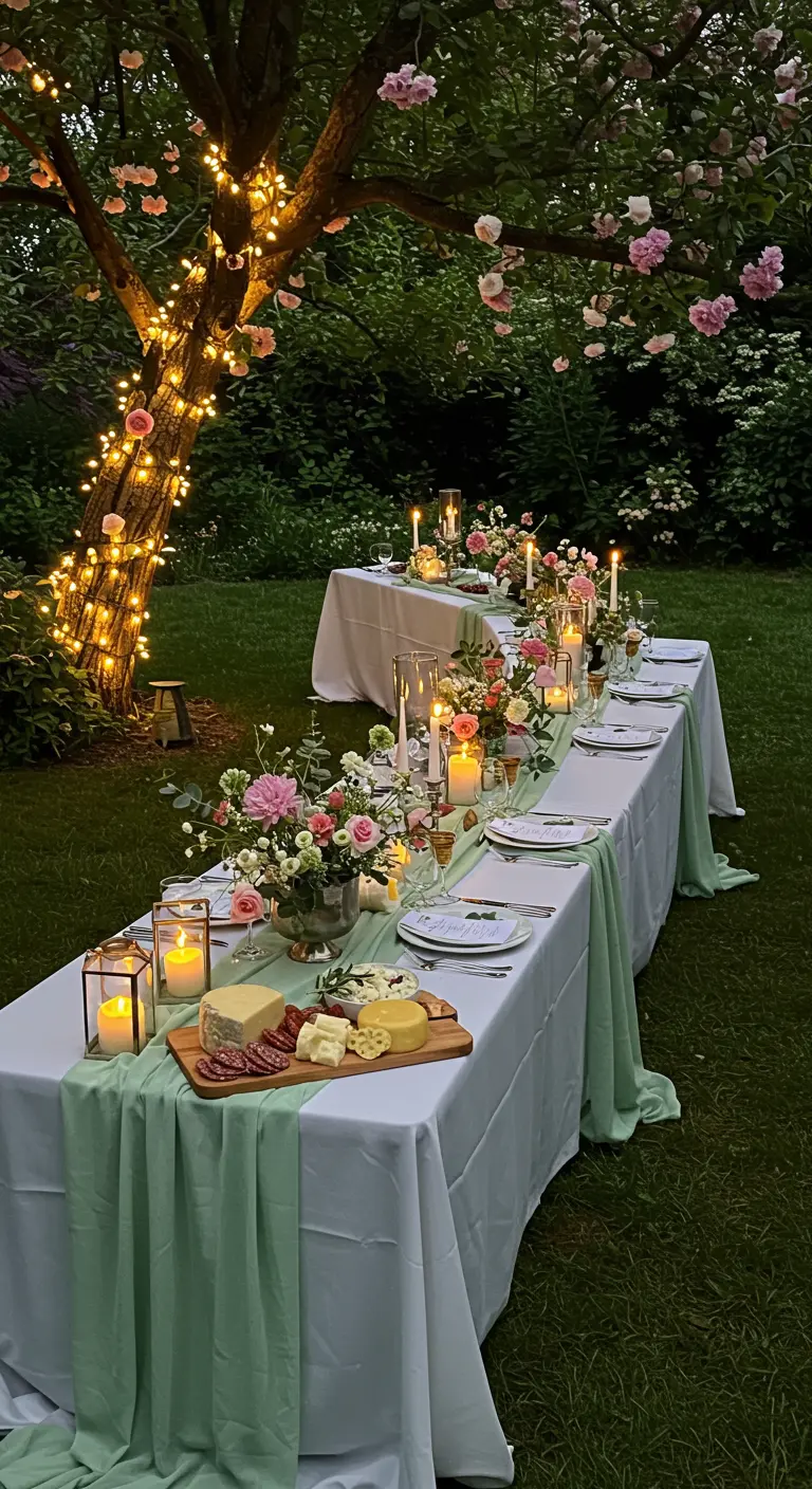 Mesa larga en un jardín con mantel verde menta, flores y un árbol con luces.