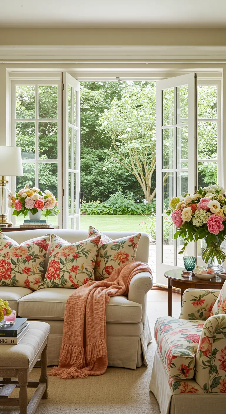 Sala de estar clásica con cojines y sillón de estampado floral y una manta coral.